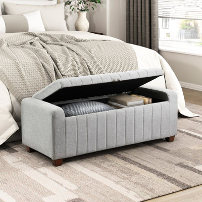 Modern Upholstered Bench With Gray Boucle And Plywood Storage Compartment Frame Hidden