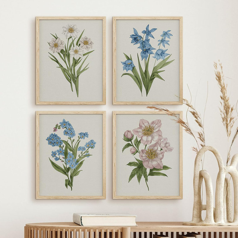 «Daisy Magnolia Floral», ensemble de 4 impressions murales bleues et roses vives encadrées sur papier, impression de 4 pièces