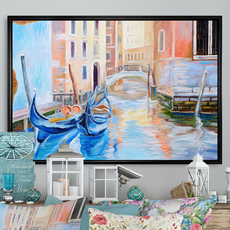 «Gondola In Venice», reproduction sur toile flottante, H 16 po x l 32 po x P 1 po, Cadre flottant noir