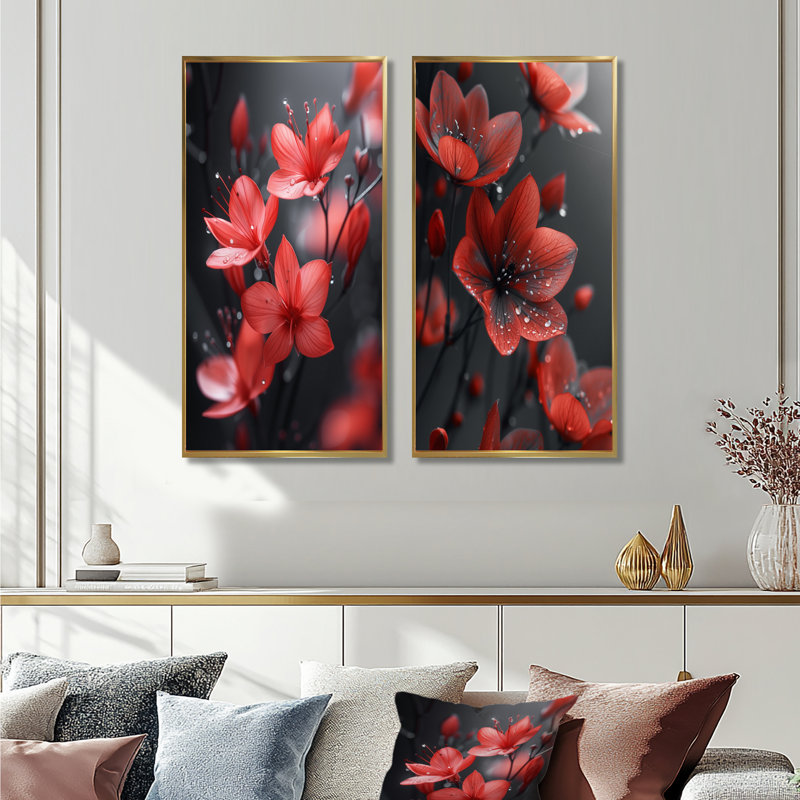 Ensemble de 2 fleurs monochromes rouges et noires d'hiver I - Flowers, H 28 po x l 24 po, Cadre flottant doré
