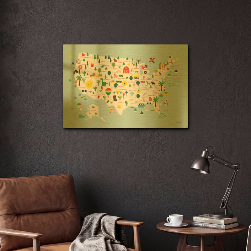 Carte amusante des États-Unis par Ann Kelle, décor mural en métal doré, 61 x 41 cm, 24 po x 16 po