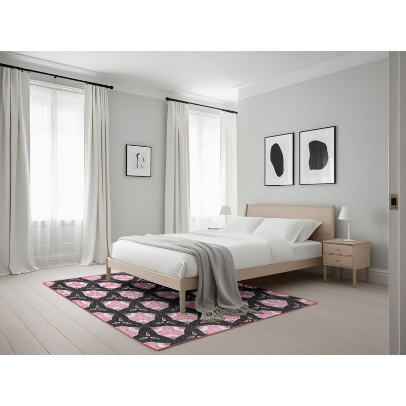 Tapis noir/zone rose à motifs, Rectangle 5 pi x 7 pi