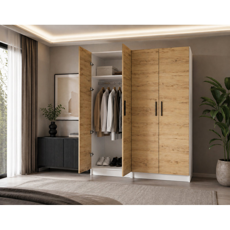 Nitra 4 Door Solid + Manufactured Wood Wardrobe, White/Oak Craft Gold
