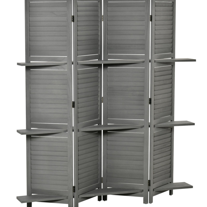 Cloisons de séparation de 1,70 m (5,6 pi), grises, avec rangement pour chambre/bureau, style rustique, en bois, 4 panneaux pliables et étagères.