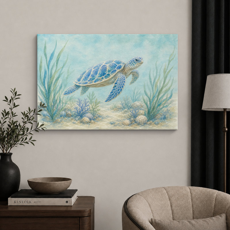 «Blue Sea Turtle», reproduction d'art sur toile encadrée, impression sur toile encadrée, H 32 po x l 48 po x P 1,5 po