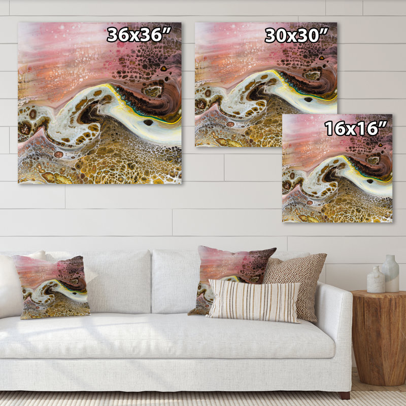 Art liquide blanc avec vagues roses et jaunes - impression sur toile moderne, Toile tendue, H 16 po x l 16 po x P 1 po