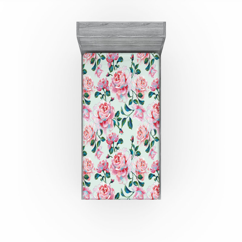Drap-housse Ambesonne, Drap-housse pour lit simple TG, Vert forêt, rose pastel / floral
