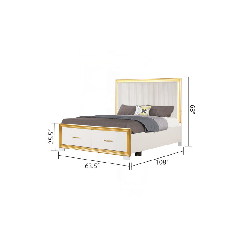 Ensemble de chambre avec grand lit 5 pièces de style contemporain en bois et finition dorée