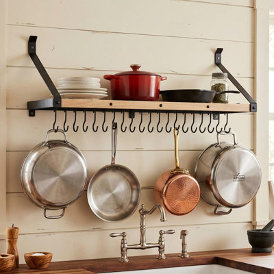 34 Inch Wall Mount Pot Rack With 20 Sturdy Hooks Solid Wood Pot and Pan Hanger Organizer  Matte Black