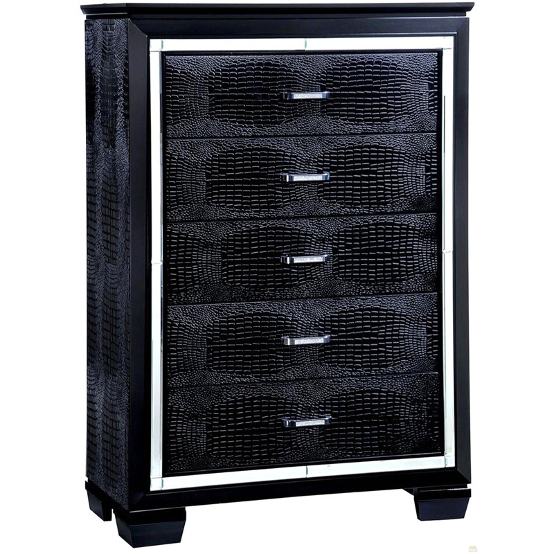 Commode 1 pièce à poignée croisée en forme de diamant à queue d'aronde anglaise avec 5 tiroirs et miroir noir