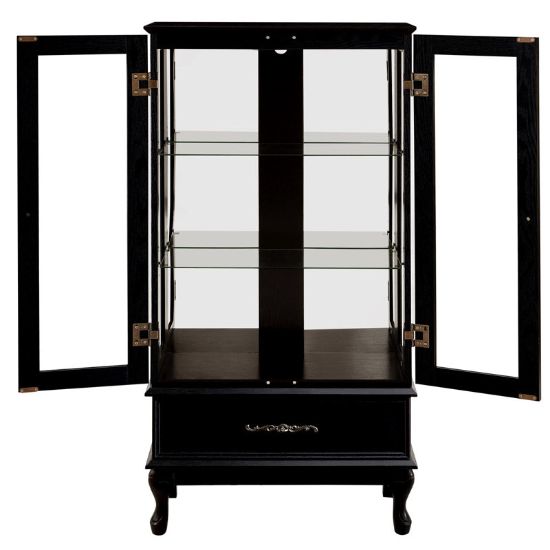 Vitrine lumineuse avec portes vitrées et tablettes réglables Vitrine vitrée 2 portes avec lumières DEL Finition et tiroir noir pour la décoration intérieure et le rangement