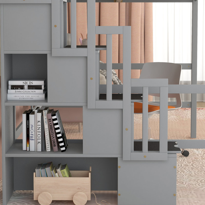 Lit mezzanine double avec bureau, tablettes de rangement et escalier, gris