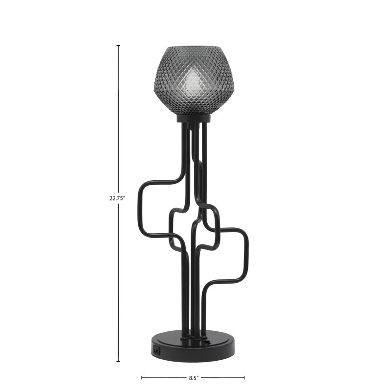 Amarmula Accent Lamp, With USB Ports, Matte Black Finish, 6" Smoke Textured Glass, Black, Clear/Black