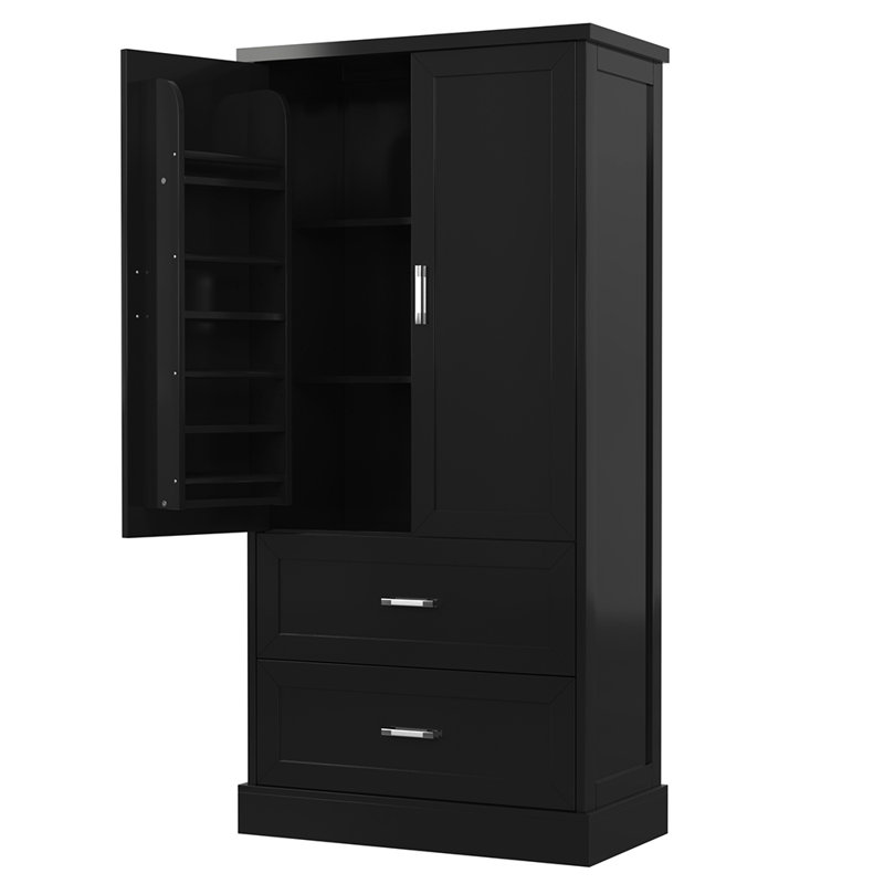 Armoire de rangement haute avec deux portes et tiroirs, Noir