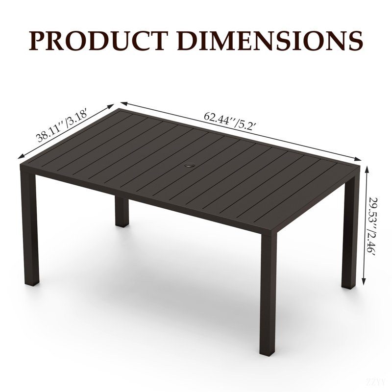 Table de salle à manger d'extérieur, table de patio à lattes en métal pour terrasse de jardin avec trou pour parasol, brun