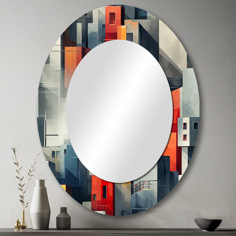 Grey Cubic Striped Wall Pattern - Gray Oval Wall Mirror Decor, 43" H x 33" W