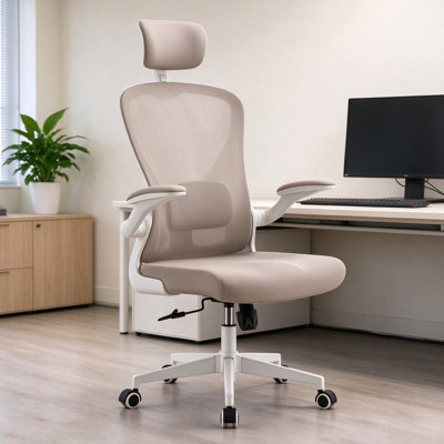 Office Chair, Ergonomic Office Chair, Breathable Mesh Office Chair, with Headrest, Lumbar Support, and Flip-Up Armrests (Khaki)