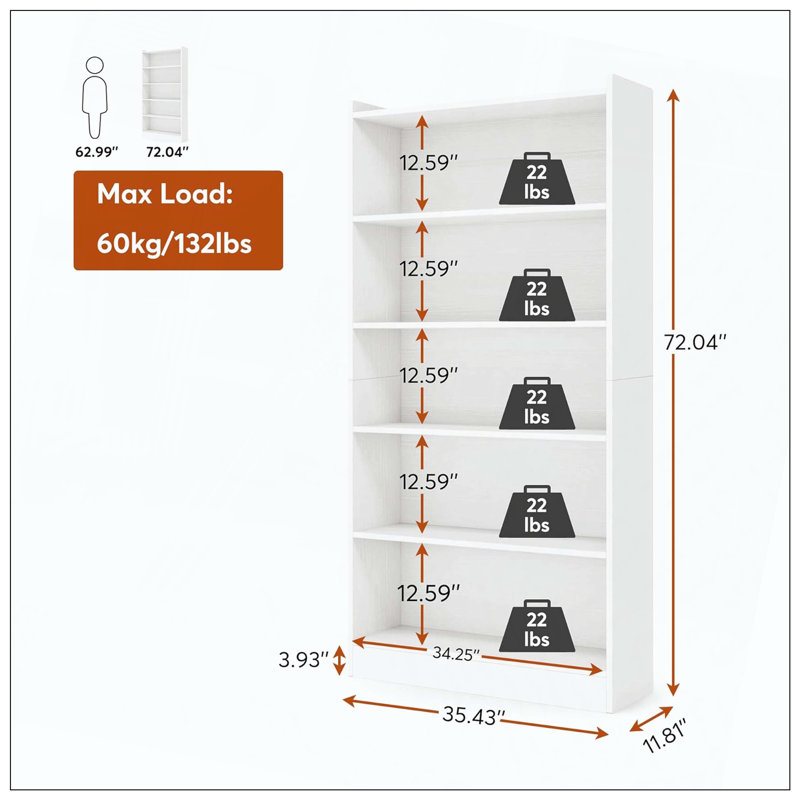 Bibliothèque de rangement moderne à 6 niveaux, (6 tablettes) H 72,05 po x l 11,81 po x P 35,43 po