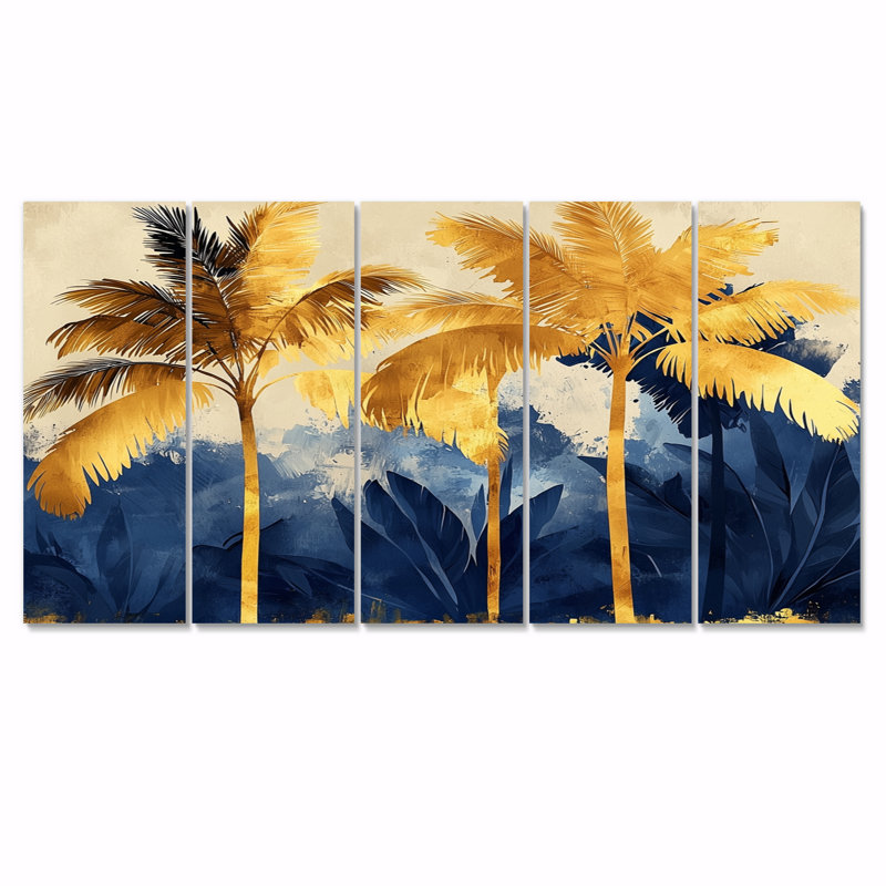 Blue And Gold Palm Trees Scenery III - Palm Trees Canvas Wall Art Set, 32" H x 80" W