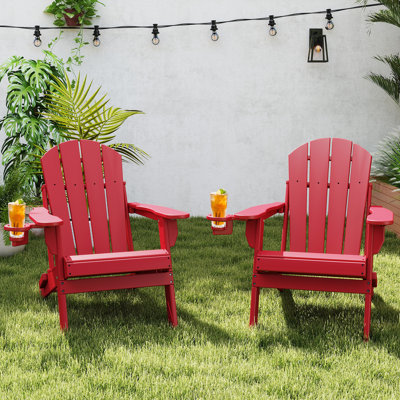 HDPE Folding Outdoor Adirondack Chair With Cup Holder (Set Of 2)