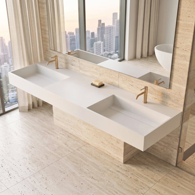 Lavabo de salle de bain mural double à surface solide avec drain dissimulé 84 po Juniper - Blanc