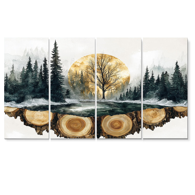 «Winter Tree In Ink Geode Landscape IV - Forest Wall Decor - Traditional Wall Art», 4 pièces, H 28 po x l 48 po