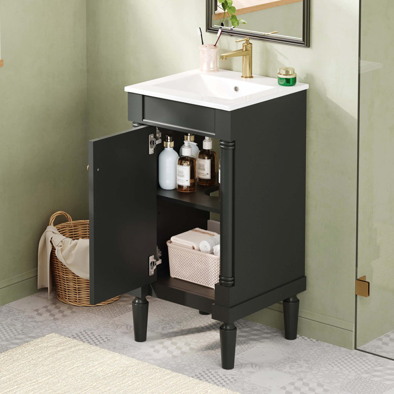 Armoire de salle de bain 18 po style français avec rangement et lavabo en céramique, solution pour petit espace, tablette réglable et charnières à fermeture douce