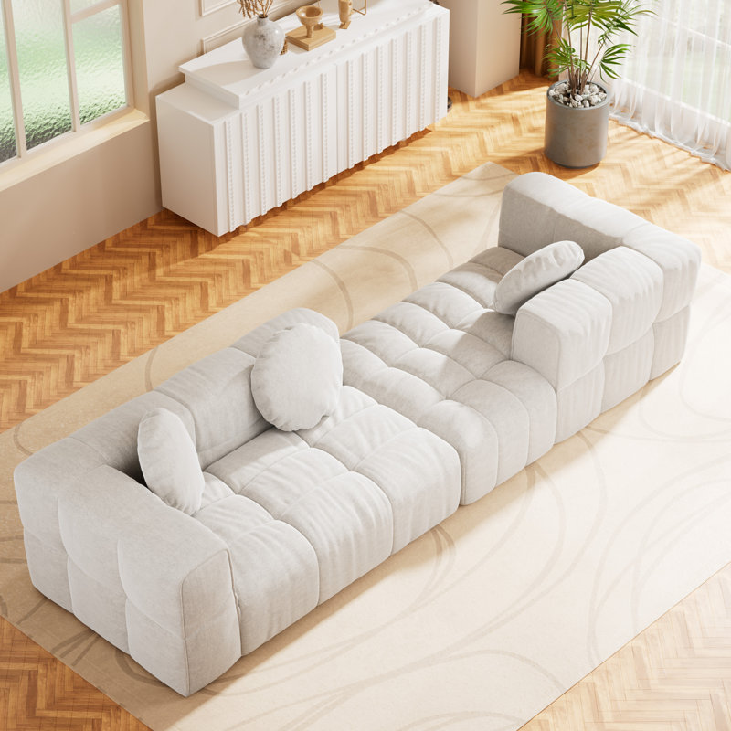 Fully Compressed Modular L-Shaped Sofa Set With Reversible Chaise & Tufted Back, Beige