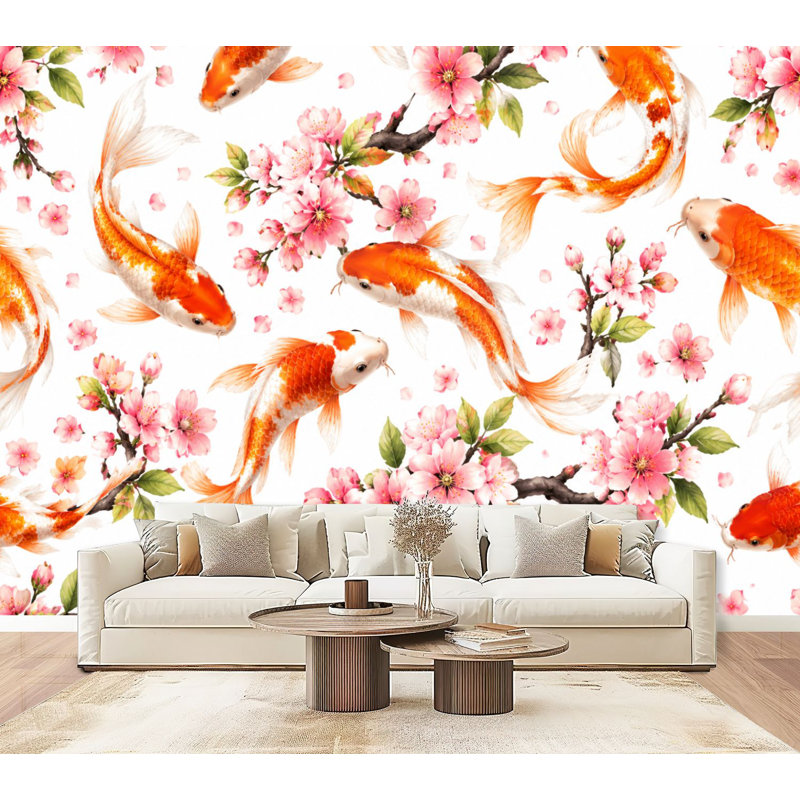 Murale auto-adhésive moderne pour la chambre à coucher Peel and Stick L 69 po x l 96 po avec imprimé floral de poissons