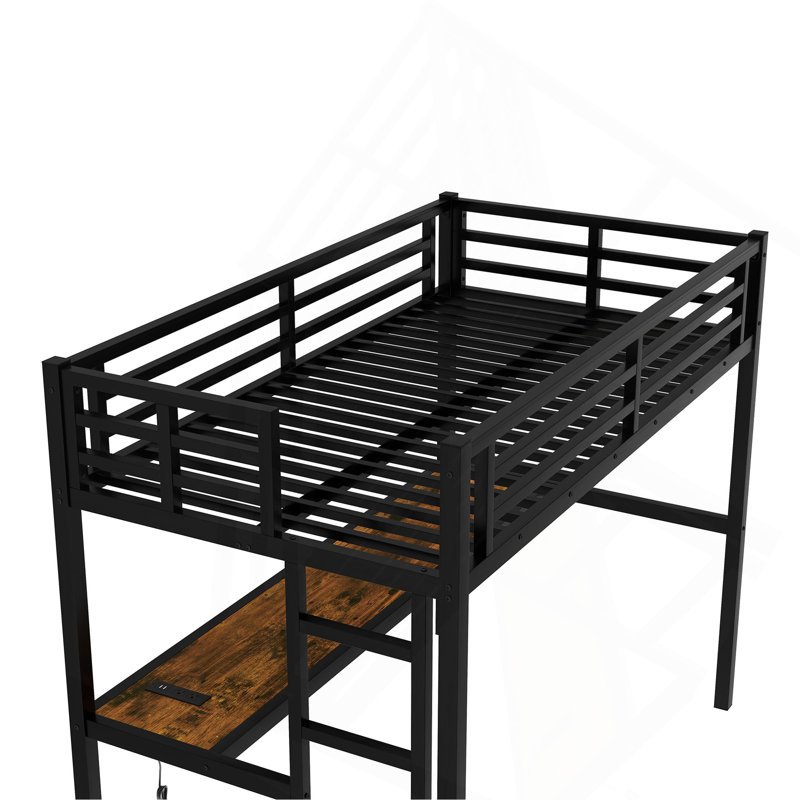 Metal Twin XL Size Loft Bed  With Power Outlet And LED Lighted, Space-Saving, Noise Reduced, Black, Twin