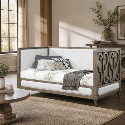 Tan Fabric and Salvaged Natural Finish Twin Daybed, Upholstered Design for Bedroom