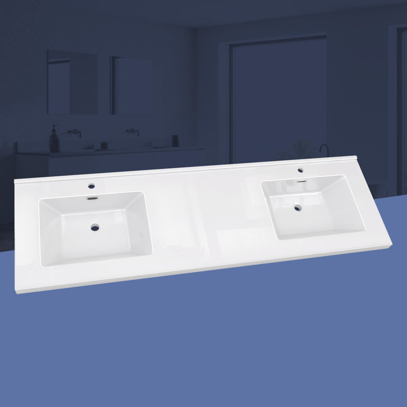Plateau de meuble-lavabo double 72 po avec double lavabo intégré, comptoir épais blanc 2 po, rebord surélevé et dosseret
