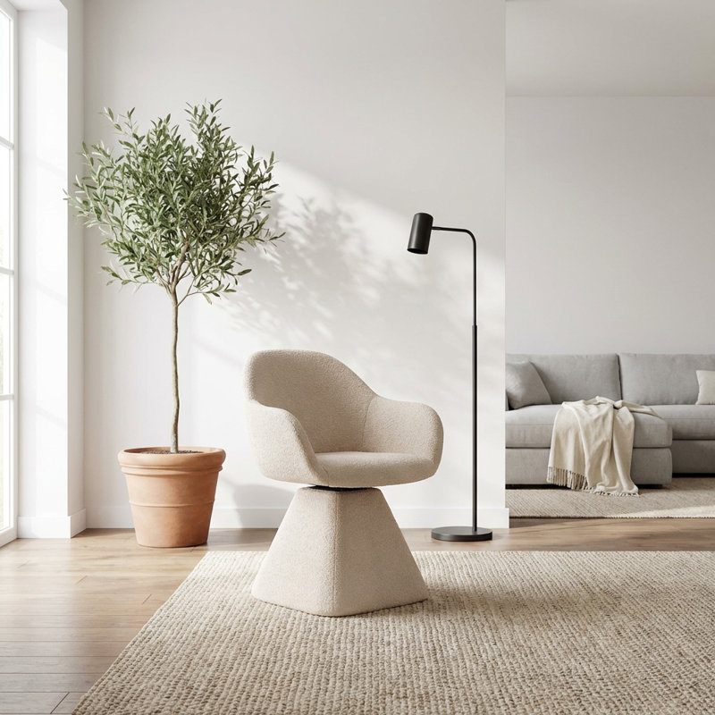 Chaise d'appoint moderne pivotante à 180 degrés avec un design en forme de tonneau et une base en bois massif, fauteuil rembourré avec dossier incurvé