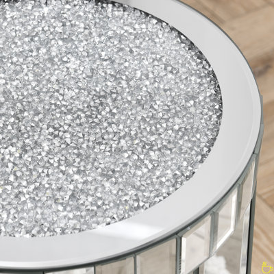 Mirror Round Table With Crystal Inlay, 2-Layer Modern Small Sofa Table With Storage Space