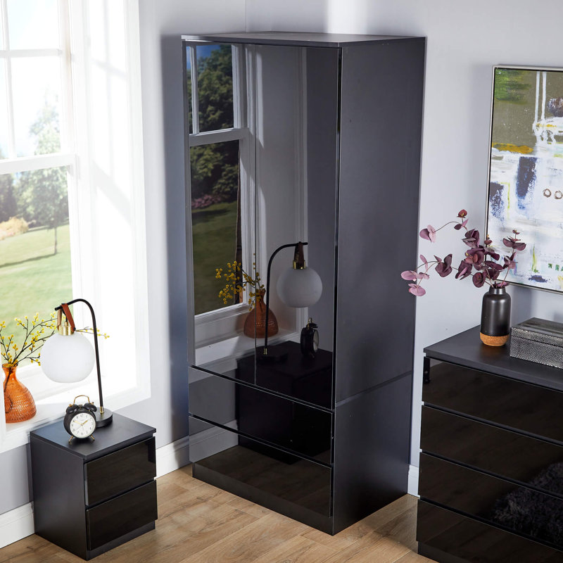 Rishin 2 Door 2 Drawer High Gloss Wardrobe Storage Unit, Black