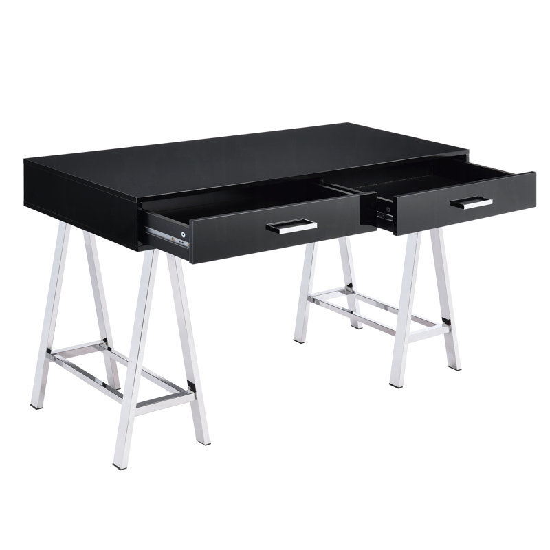 Bureau rectangulaire élégant avec 2 tiroirs, noir brillant et bureau contemporain