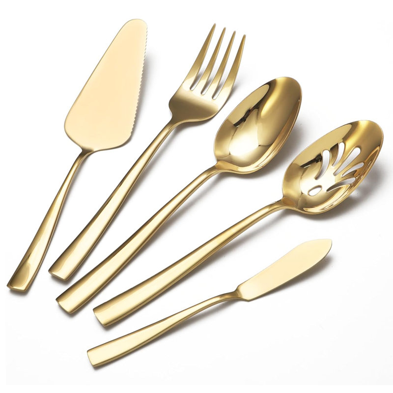 Grand ensemble de service d'hôtesse en acier inoxydable robuste avec cuillères de service, cuillères rainurées, fourchette, gâteau, or