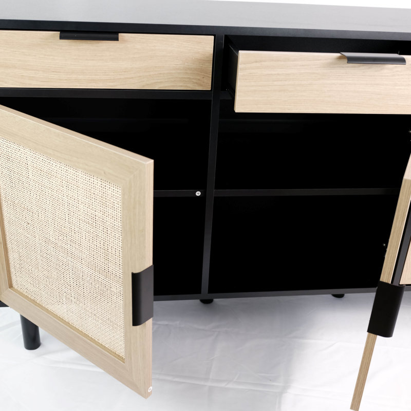 Buffet 55 "avec portes en rotin naturel et 3 tiroirs