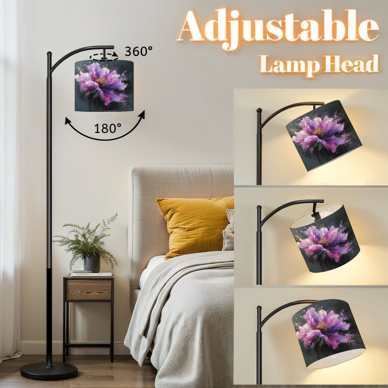 Lampe sur pied à arc avec pivoines et lampe sur pied à 3 lumières à intensité variable avec télécommande pour chambre à coucher, ampoule incluse