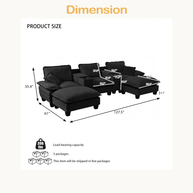 Canapé modulaire Cloud, canapé voilier en forme de U avec porte-gobelets et rangement, port USB, 2 repose-pieds et 2 coussins