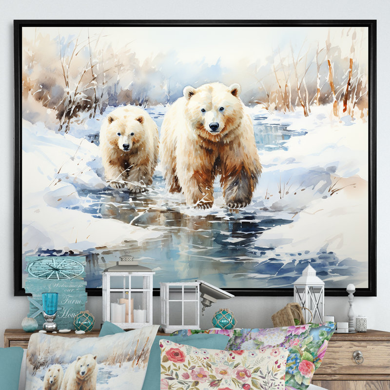 Ours polaires neige en hiver I - Ours 2, art mural, Cadre flottant noir, H 34 po x l 44 po x P 1,5 po