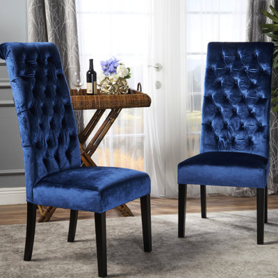 Chaises de salle à manger à dossier haut 2 pièces - Velours bleu marine avec structure en bois de bouleau et mousse de polyuréthane pour un siège supplémentaire