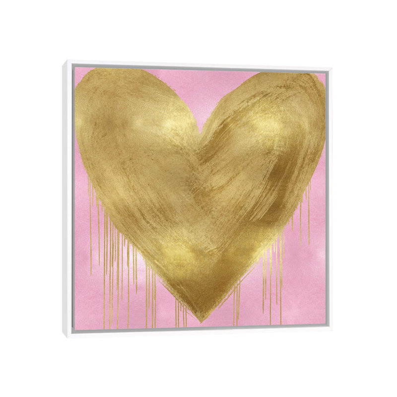 Impression d’art graphique, "large cœur or sur Rose" par Lindsay Rodgers, Toile blanche encadrée, Pas de tapis