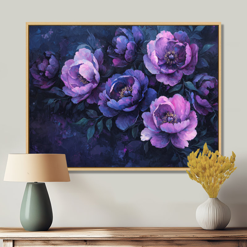 Décoration murale pivoines mauves à minuit III - pivoines, H 30 po x l 40 po, Toile tendue, Ne s’applique pas