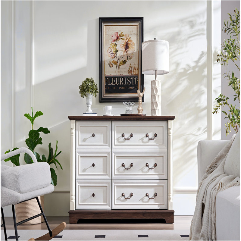 Commode 6 tiroirs style campagnard avec base en bois rustique, commode de rangement pour la chambre à coucher, le salon, belle et robuste