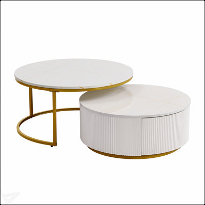 Table basse gigogne ronde moderne avec tiroir en blanc et or, conception cannelée pour l'élégance et le rangement