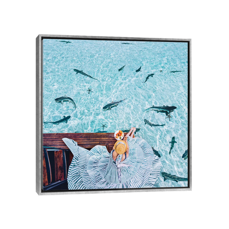 " Breakfast With Sharks " by Hobopeeba, Silver Framed Canvas, No Mat, 18" H x 18" W x 1.5" D