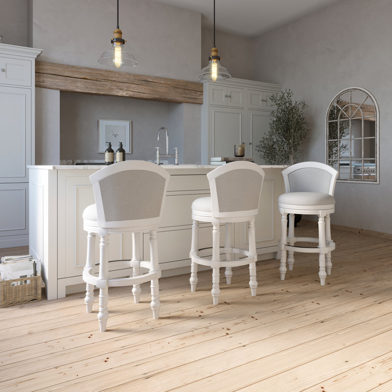Tabouret de bar de 31 po avec dossier rembourré, siège pivotant, blanc et gris, installation rapide à 180 degrés, profondeur de 23,11 po, largeur de 23,11 po, structure pivotante à hauteur de 43,67 po et cadre blanc, confortable, poids de 45,99 lb