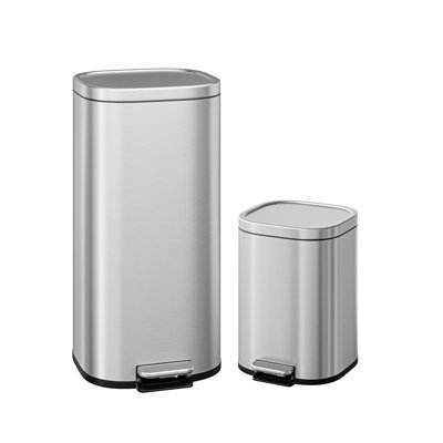 Hands-Free Step Pedal Dual Compartment Kitchen Trash Can Set - 30L & 6L (8 + 1.6 Gallon), Stainless Steel, Quiet-Close Lid, Durable PP Inner Barrels, Rectangular, Stainless Steel Color