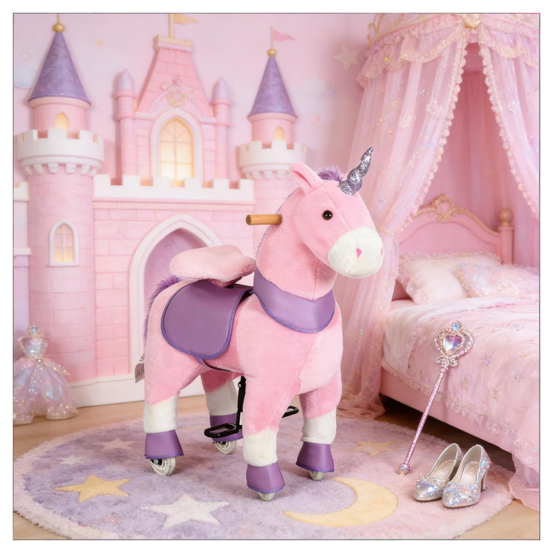 Licorne rose à bascule douce avec assise en similicuir et base en bois